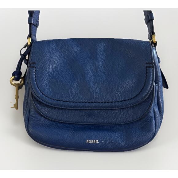 FOSSIL Peyton Blue Double Flap Leather Crossbody Bag 10x8x3 - Picture 1 of 7